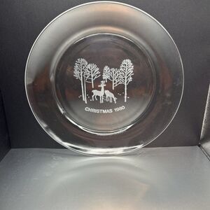 Glass Dessert Plate Etched Deer Trees Christmas 1980 Collectible FRANCE